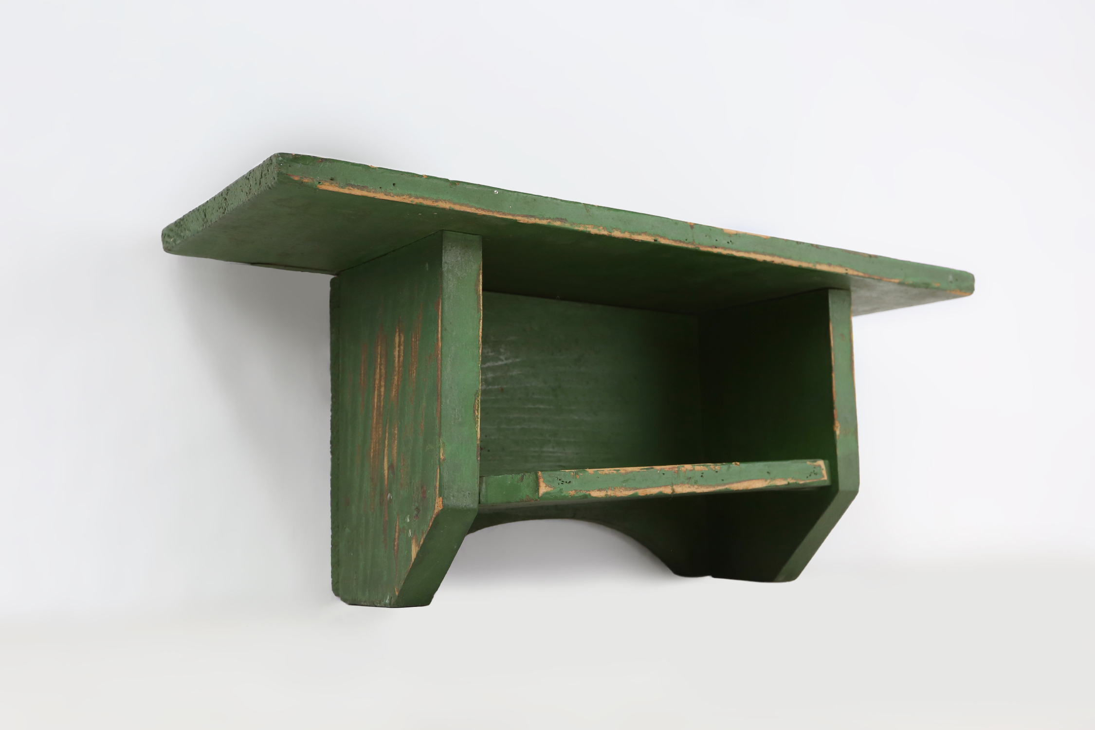 Small Rustic Green Wooden Wall Unit with 2 Shelves, France, 1880sthumbnail